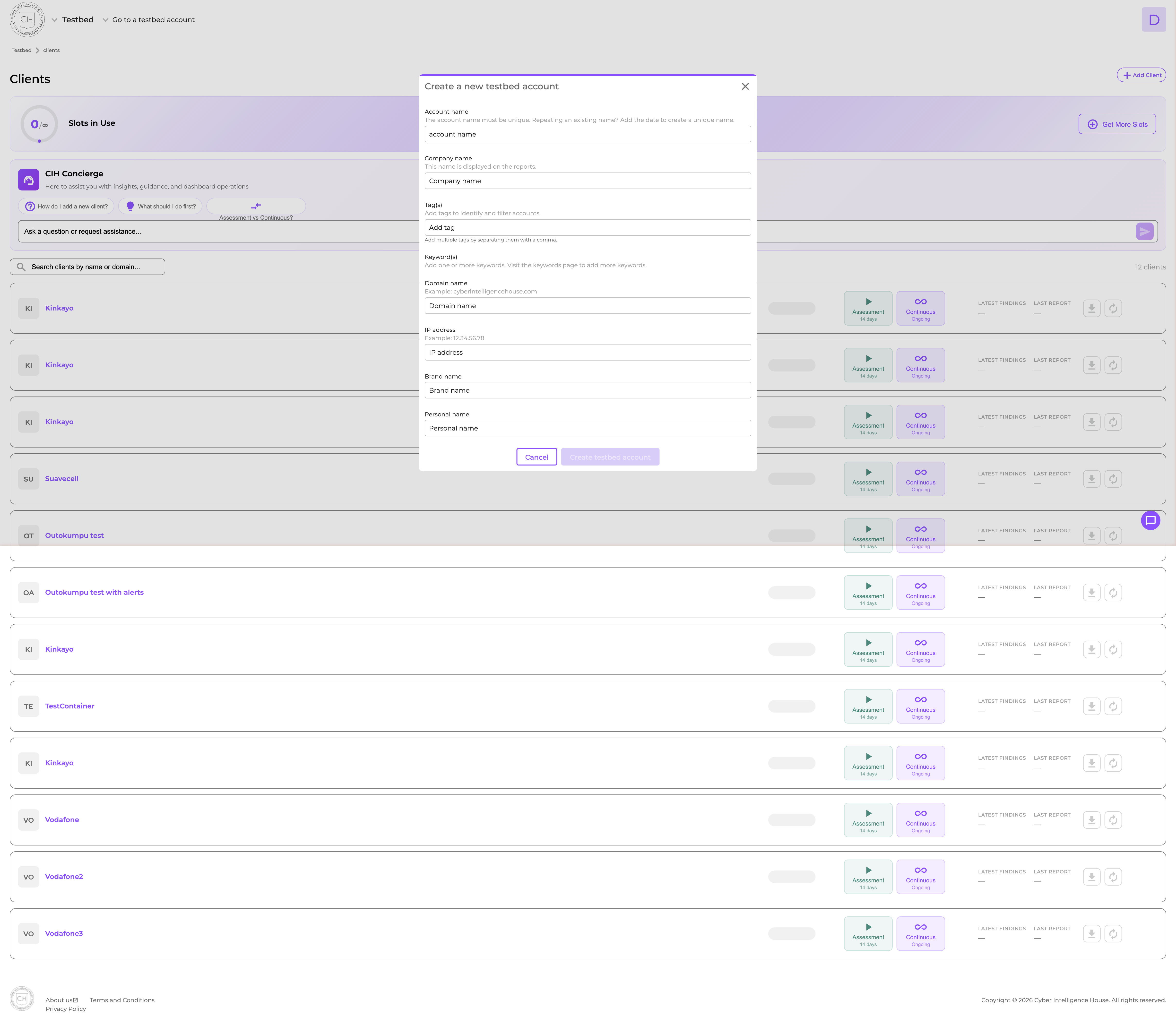 Client setup: primary domain, optional aliases and keywords
